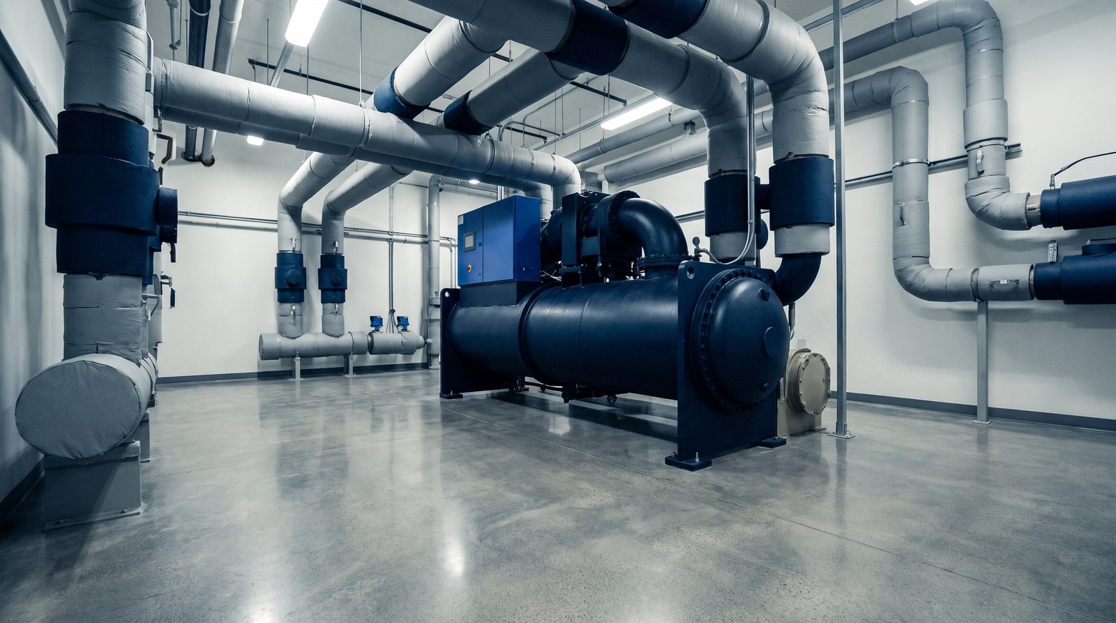 Mechanical plant room with cooling equipment and insulated pipework